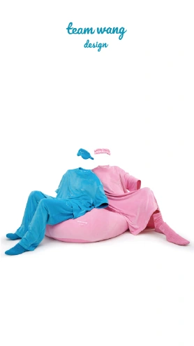 Blue and pink silhouettes seated together on a pink form
